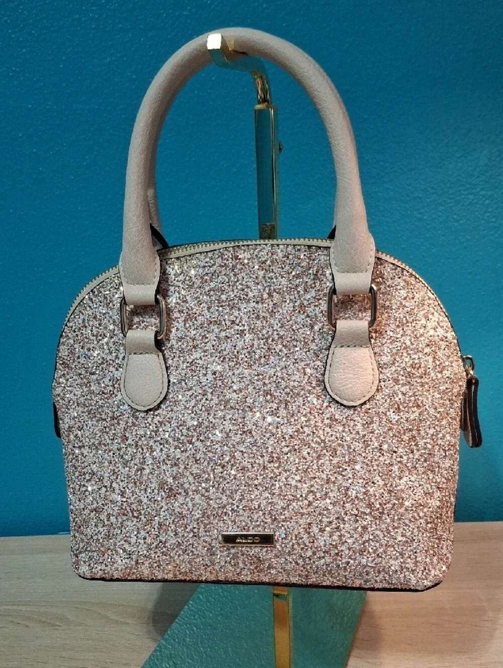 Aldo Rose Gold Glitter Satchel with Cream Handles